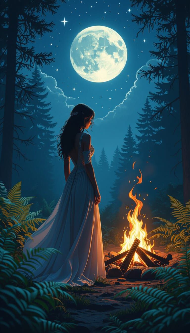 Mystical Bonfire Night Scene in Whimsical Style