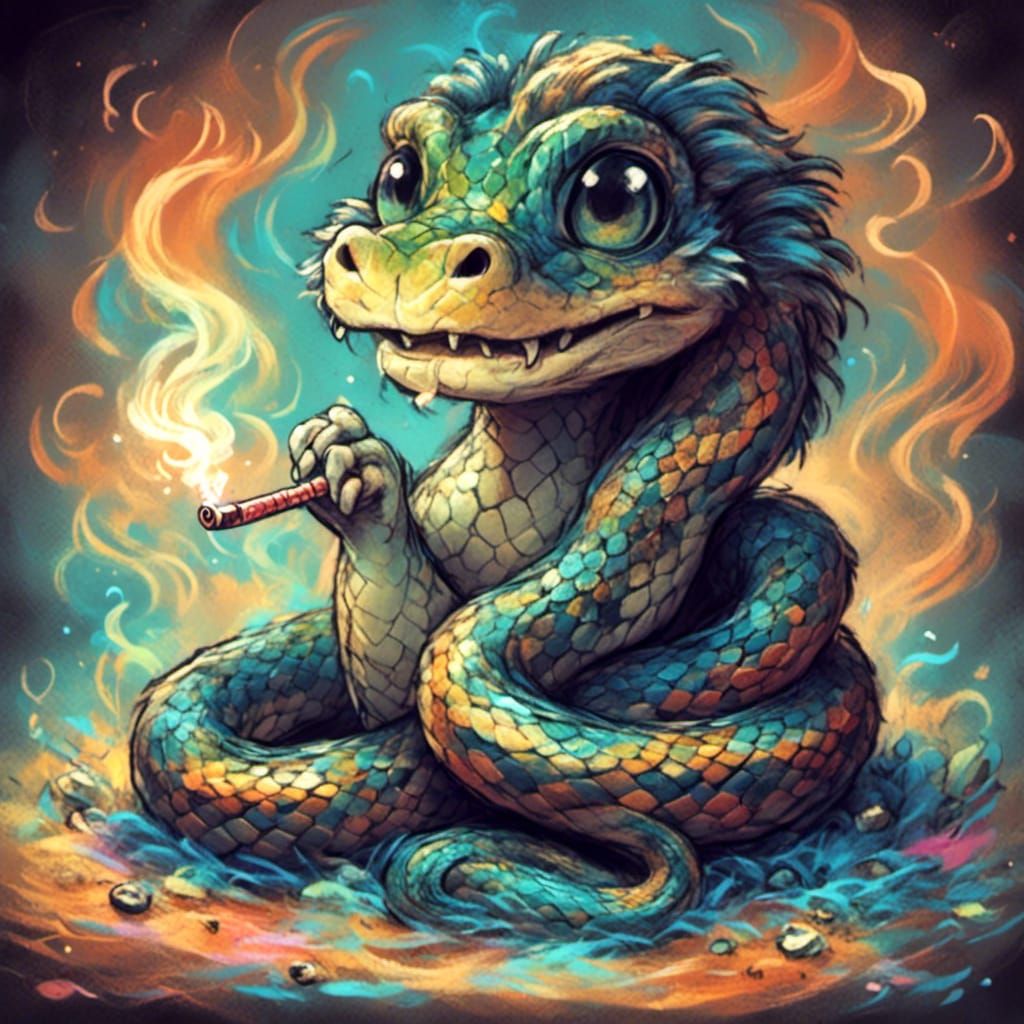 Charming Snake Smoking Hookah in Chalk Art Style