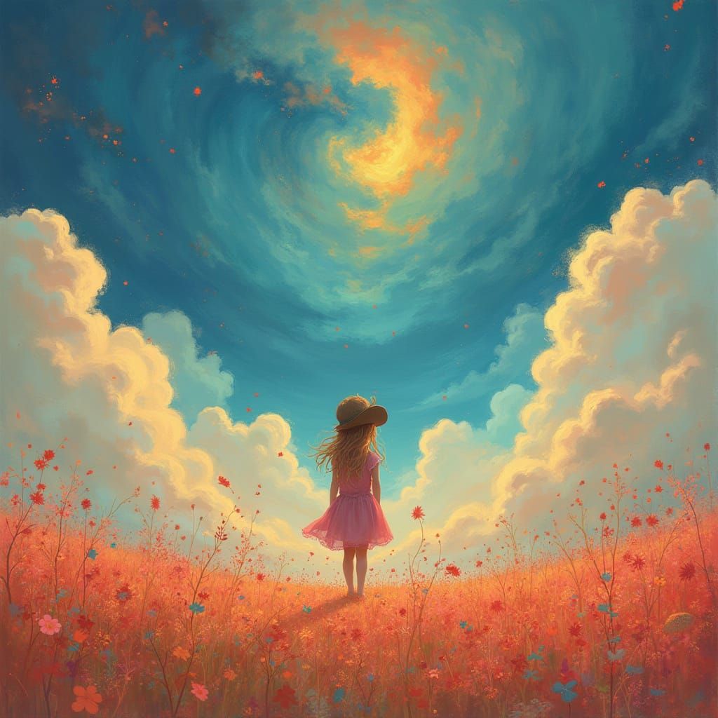 Dreamer Surrounded by Vibrant Clouds in Whimsical Atmosphere