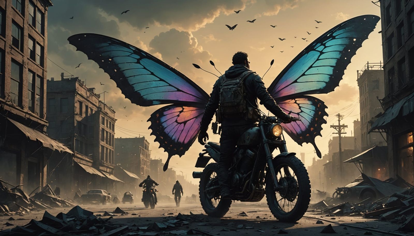 Lone Biker Under Giant Mutated Butterfly in Post-Apocalyptic...