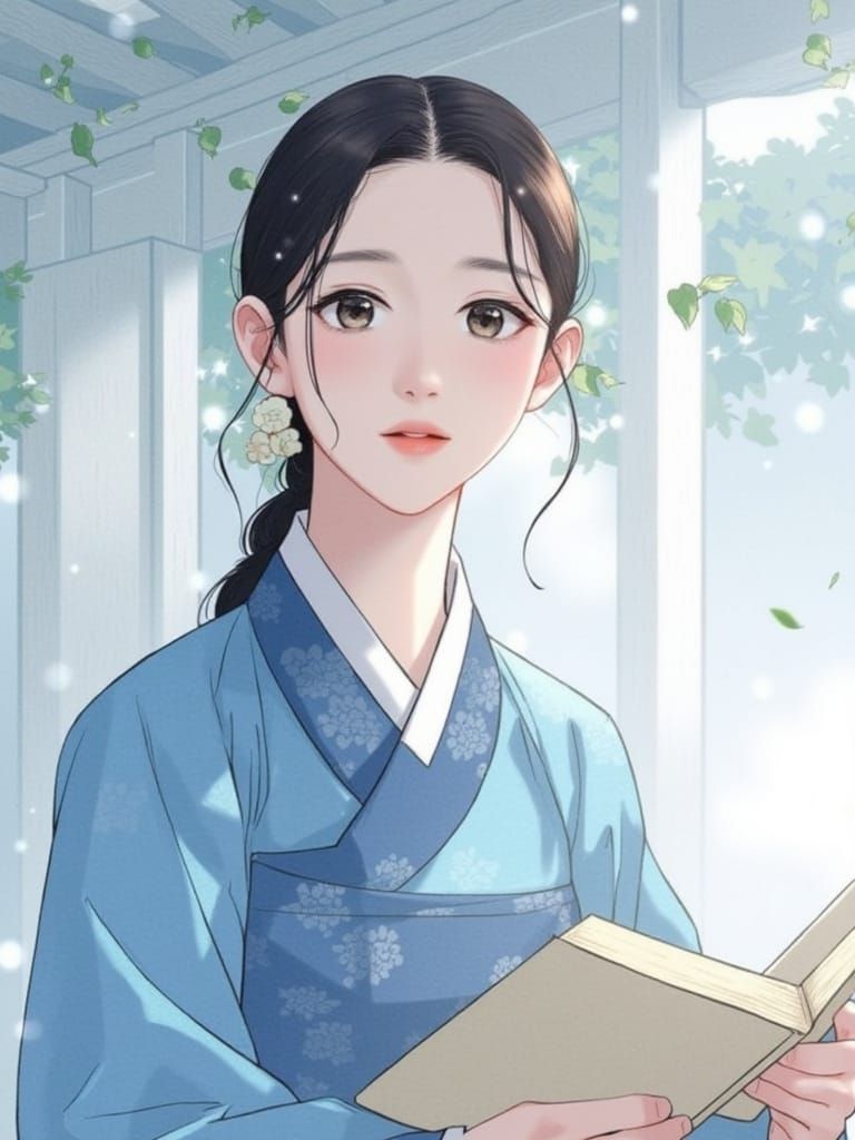 Korean Woman in Hanbok with Open Book