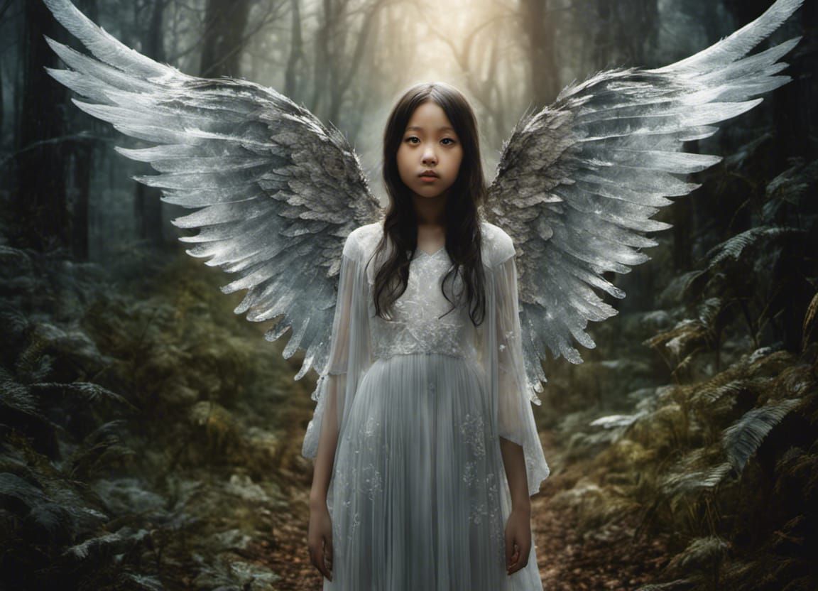 Girl and Angel Winged Dog in Double Exposure