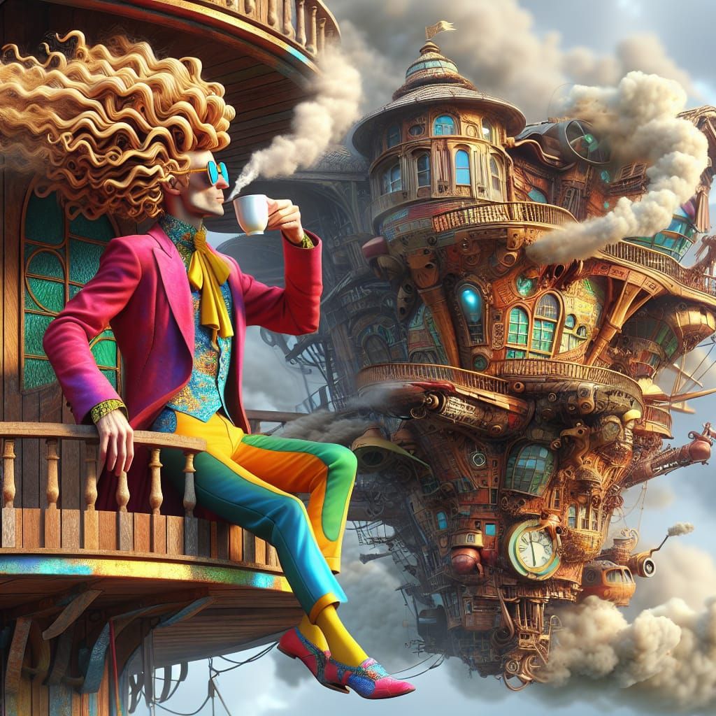 Surreal Gentleman Enjoys Tea Amidst Whimsical Flying Castle