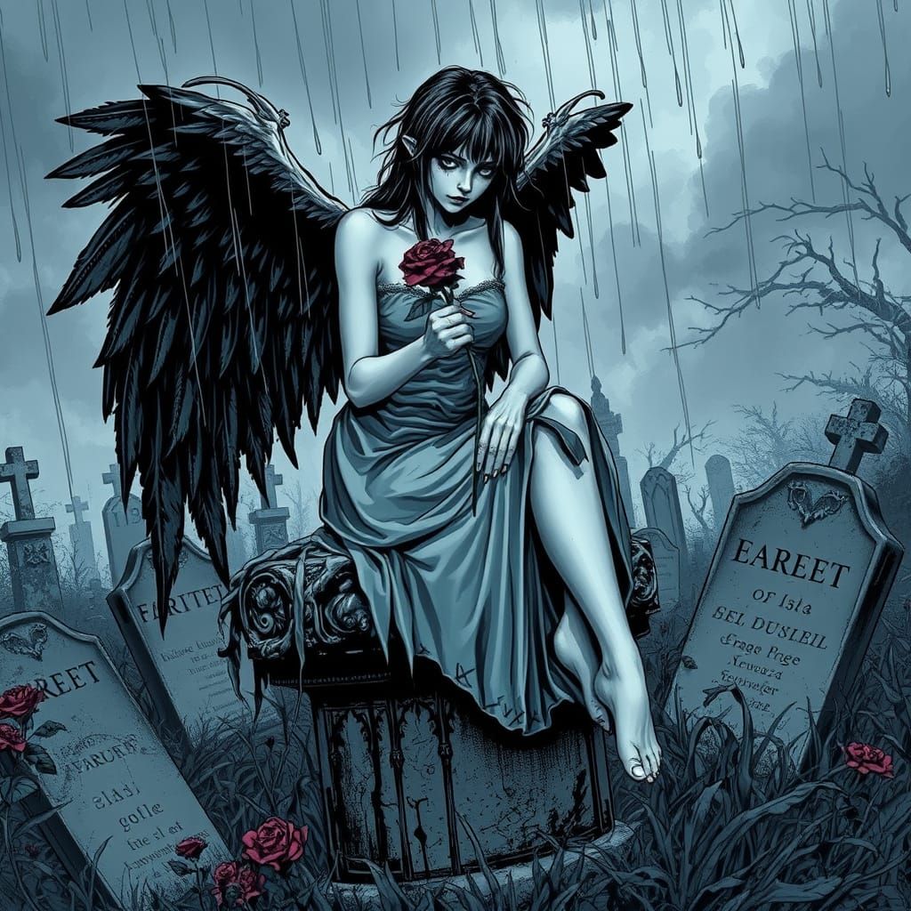 Emo Goth Angel in Desolate Graveyard