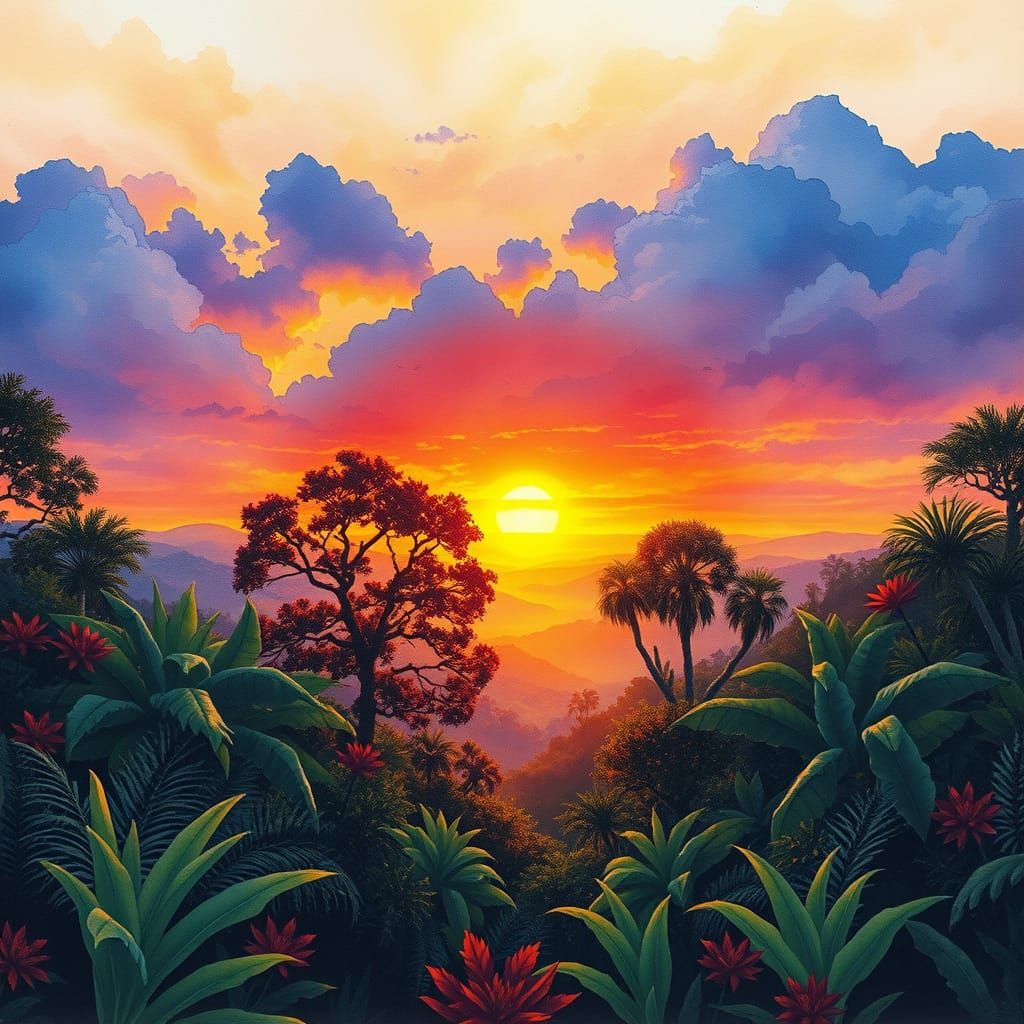 Lush Jungle Sunset in Watercolor and Ink Style
