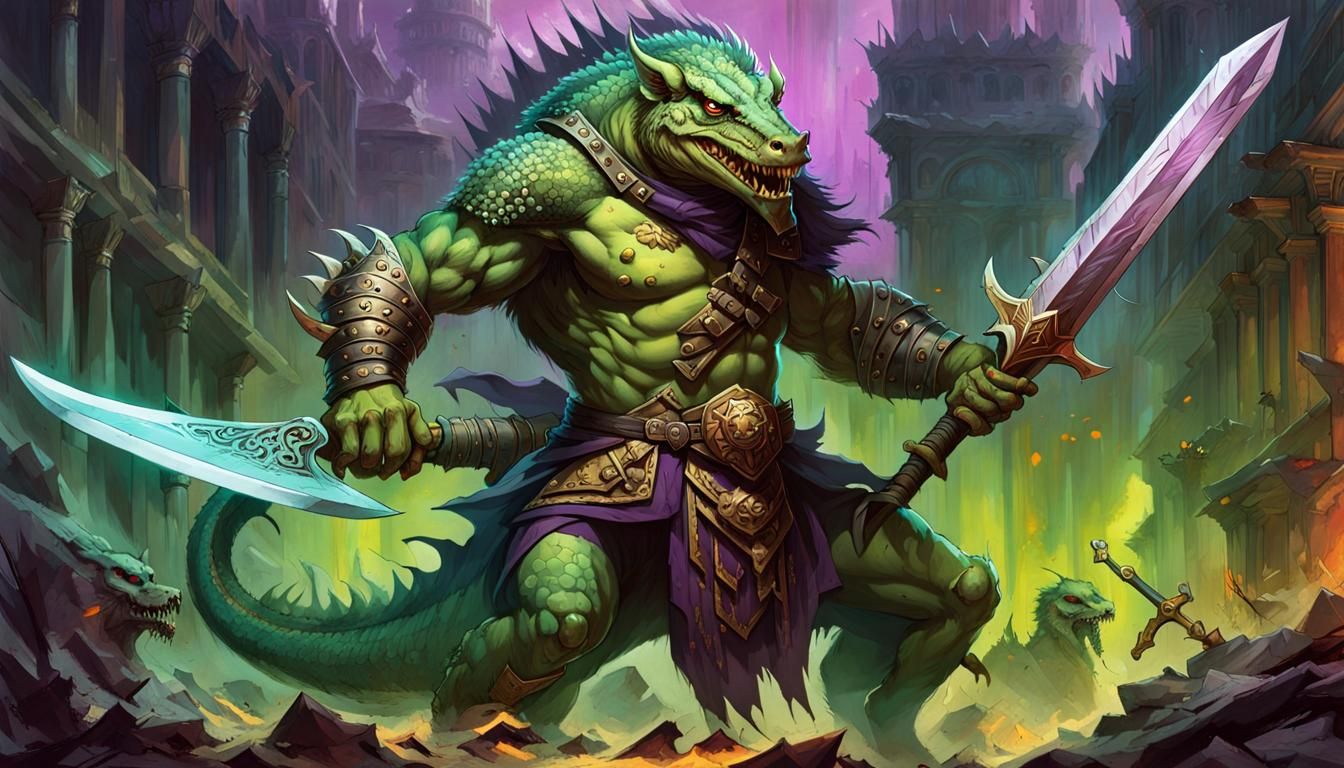 Lizardfolk Barbarian in Palace Ruins: Liquid Fluid Painting