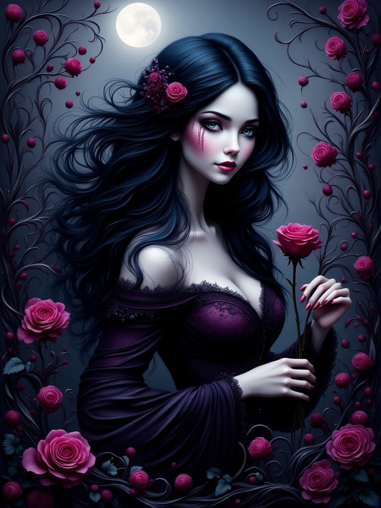 Gothic Woman with Dark Hair and Purple Eyes in Garden