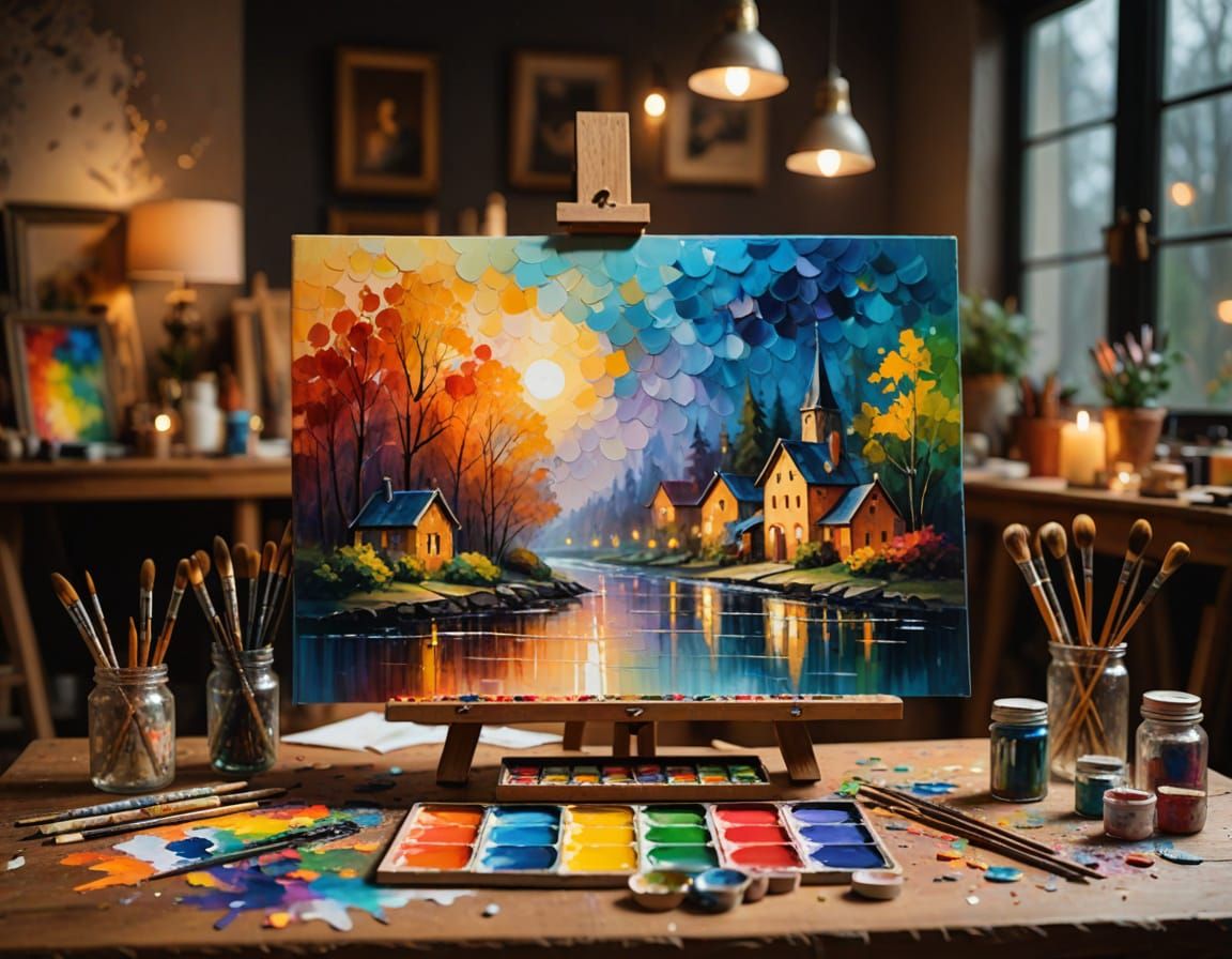 Vibrant Masterpiece Artwork in a Cozy Studio