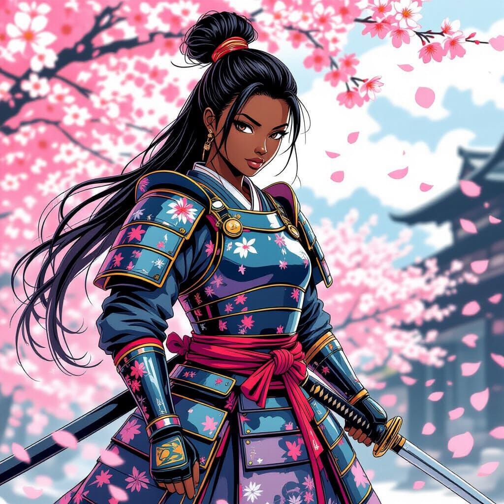 Anime-Style Black Woman Samurai with Cherry Blossoms