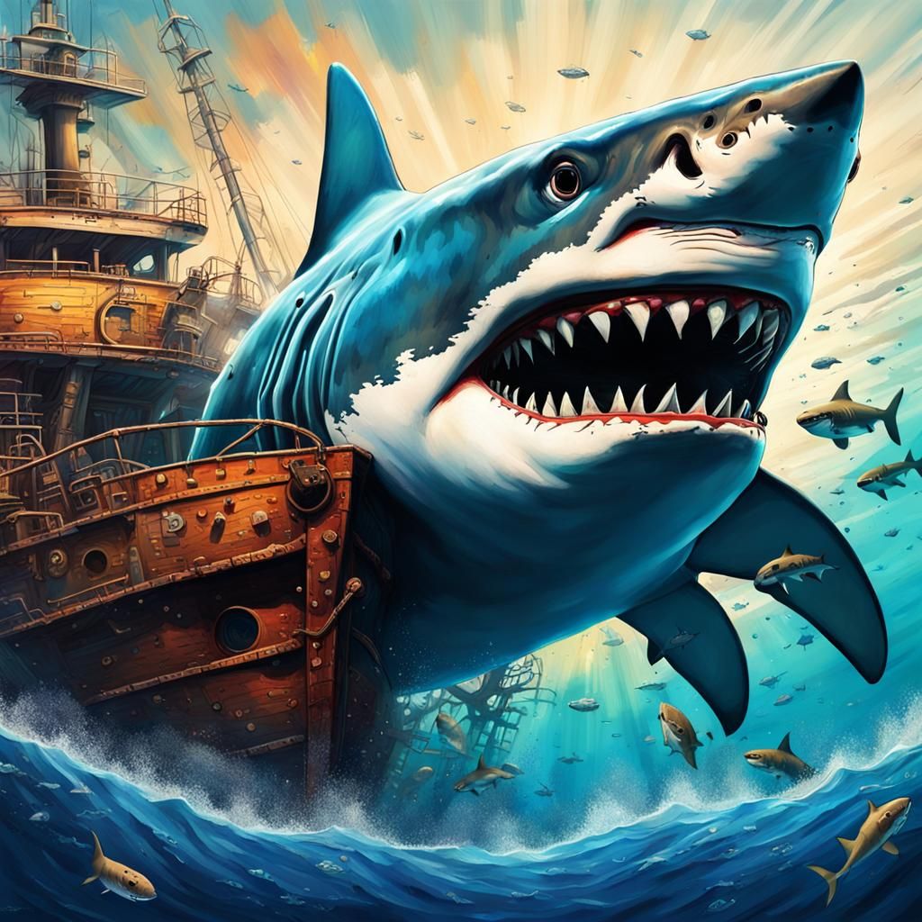 Hyperrealistic Shark near Sunken Ship
