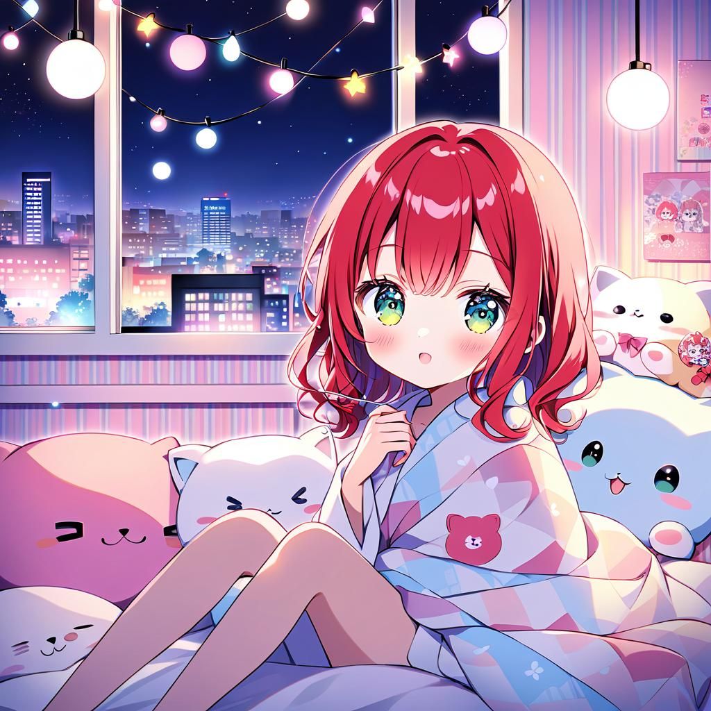 Cute Anime Girl in Shibuya Bedroom at Night