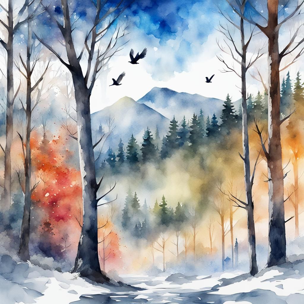 Hyperrealistic Watercolor Winter Forest Landscape with Birds