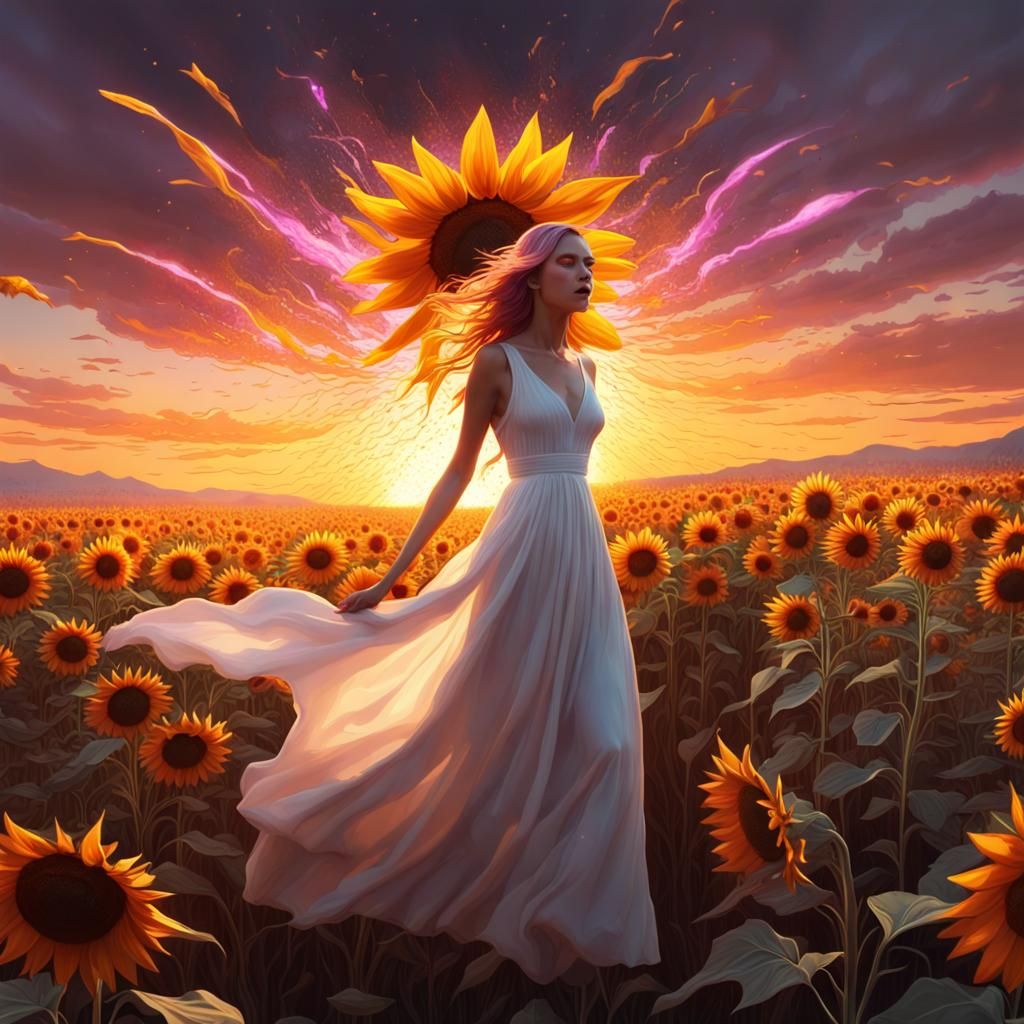 Surreal Sunflower Field at Sunset in Dark Fantasy Style
