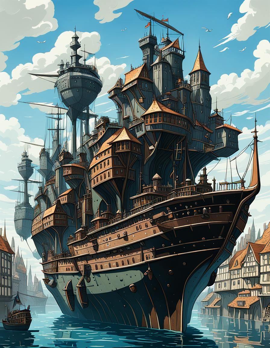 Massive Medieval City Ship: Ghibli Meets Dieselpunk