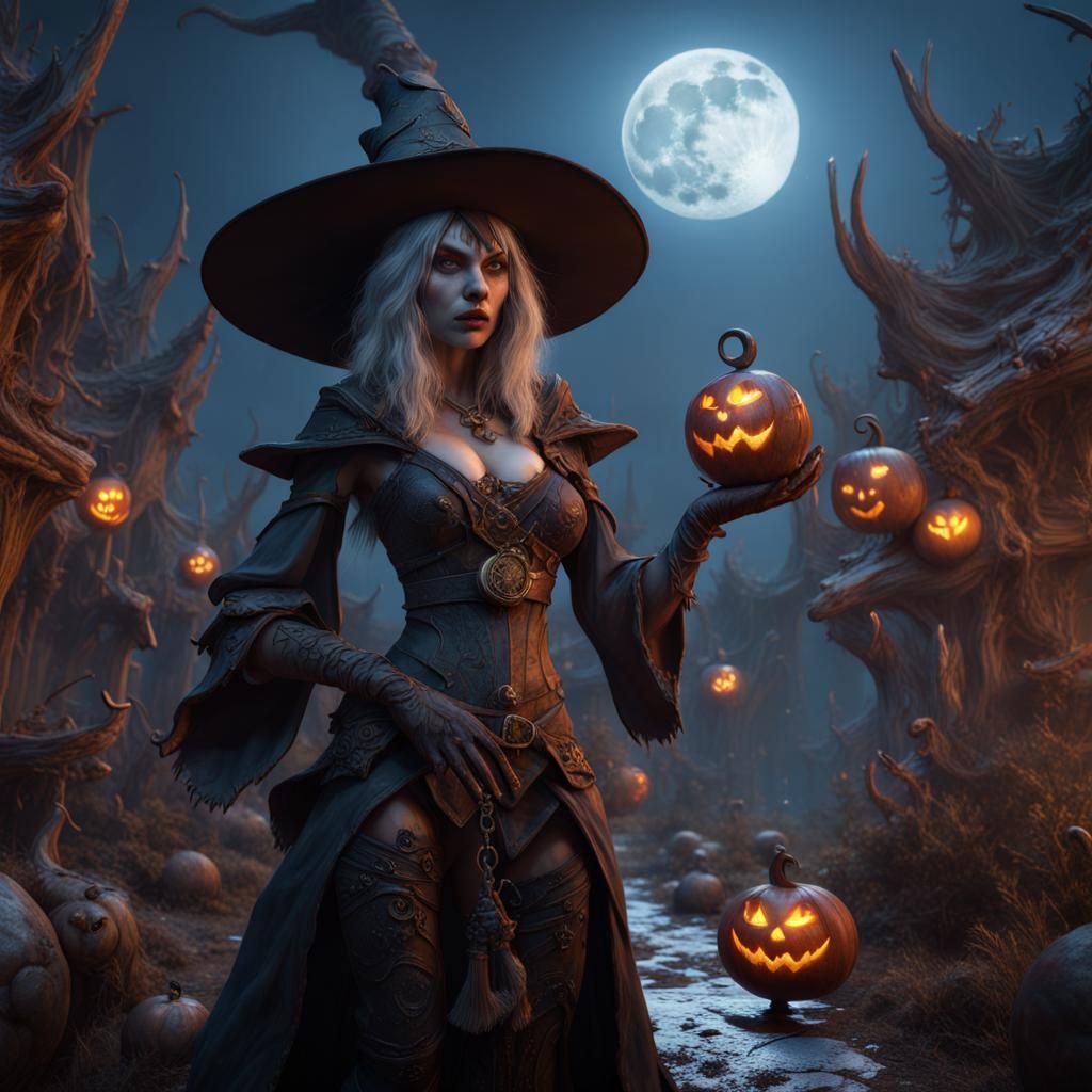 Fantasy Witch and Goblins Under Full Moon