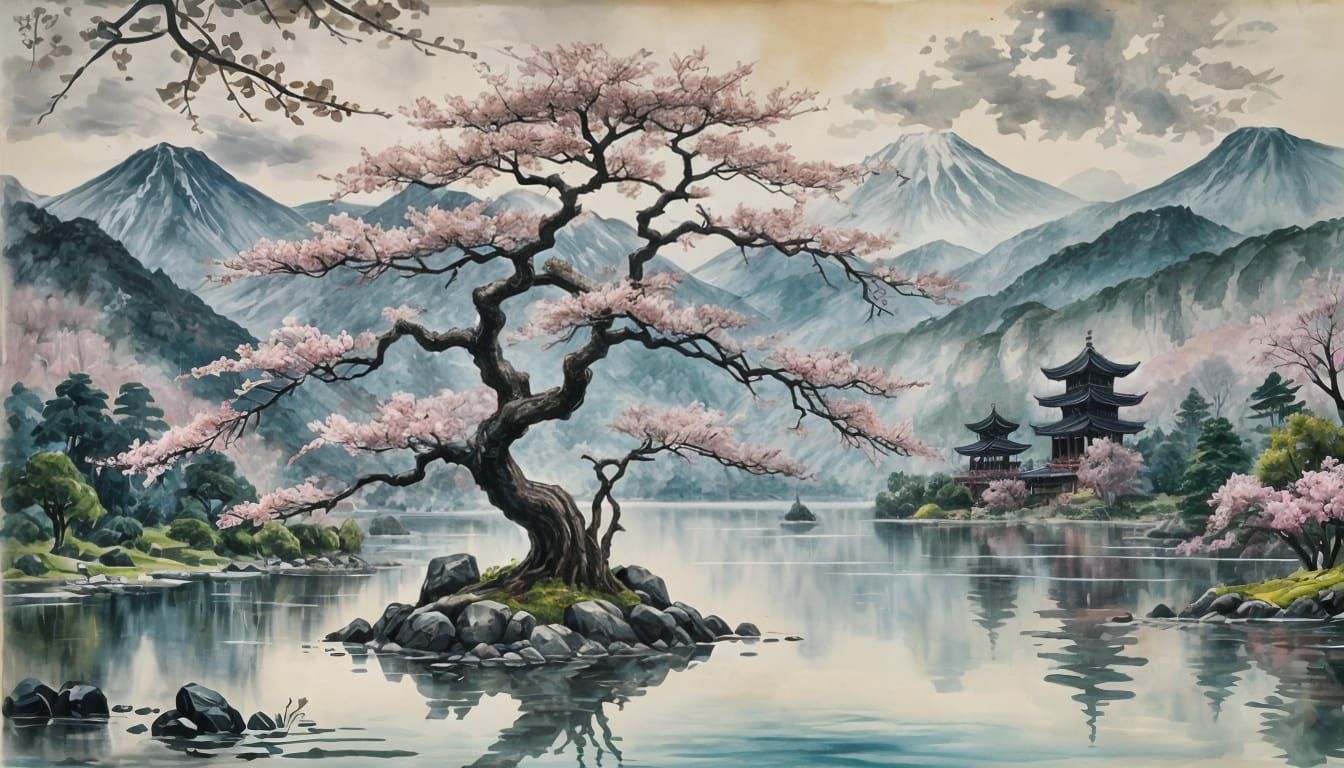 Ancient Sakura Tree Landscape in Gouache Style