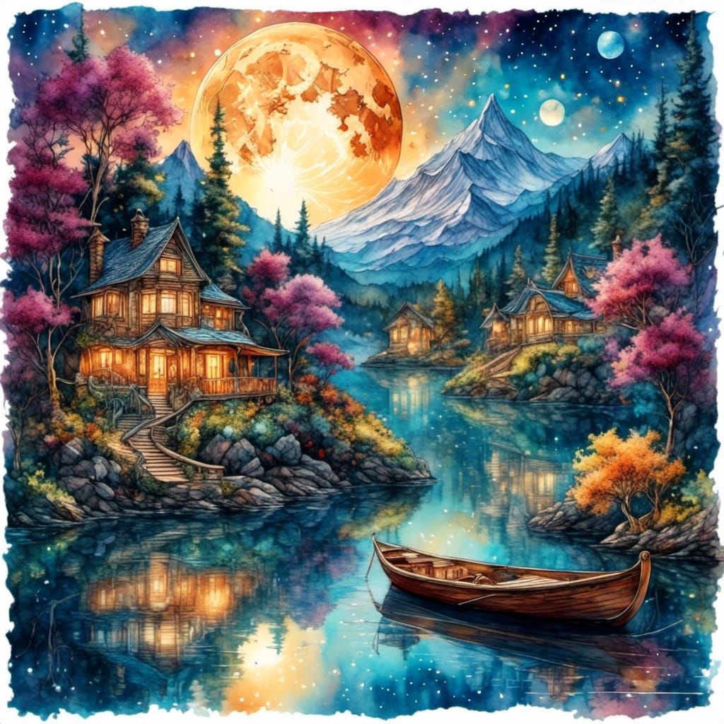 Watercolor Boat on Lake at Night