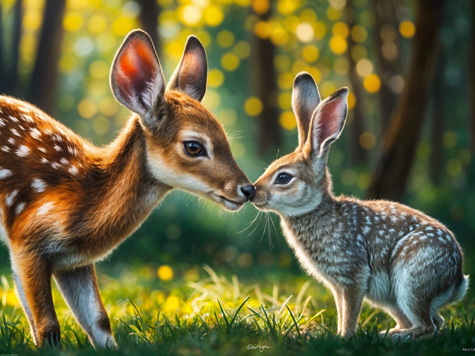 Fawn and Bunny Nose Touch in Sunlit Forest