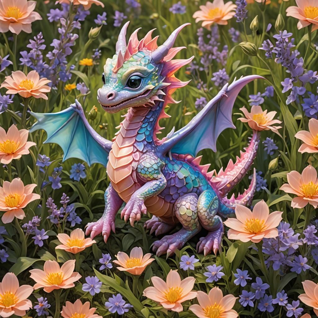 Bioluminescent Dragon Frolics in Vibrant Wildflower Field