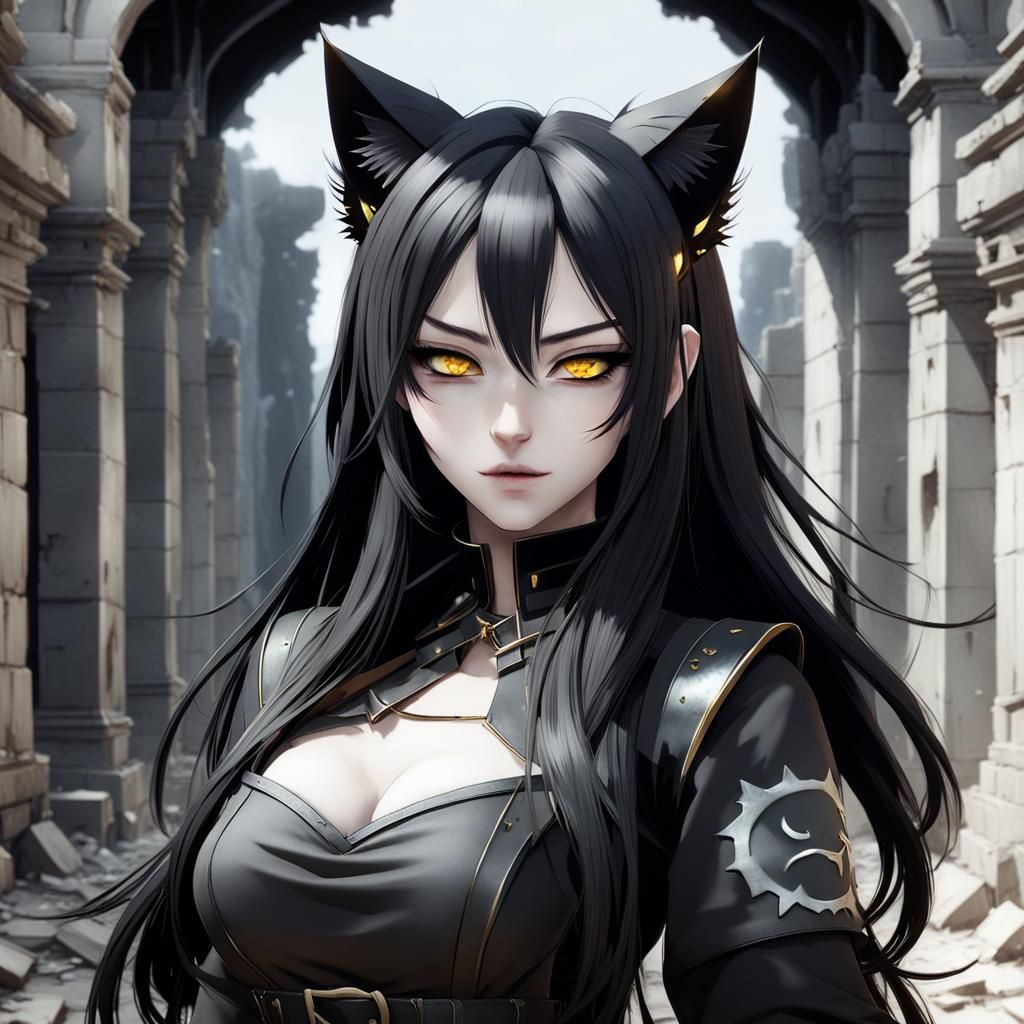 Anime Cat-Eared Woman in Ruins: 3D Render