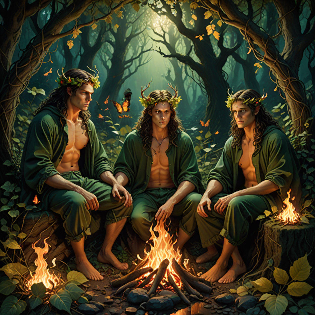 Hyperrealistic Supernatural Nymphs Gathered Around Glowing F...