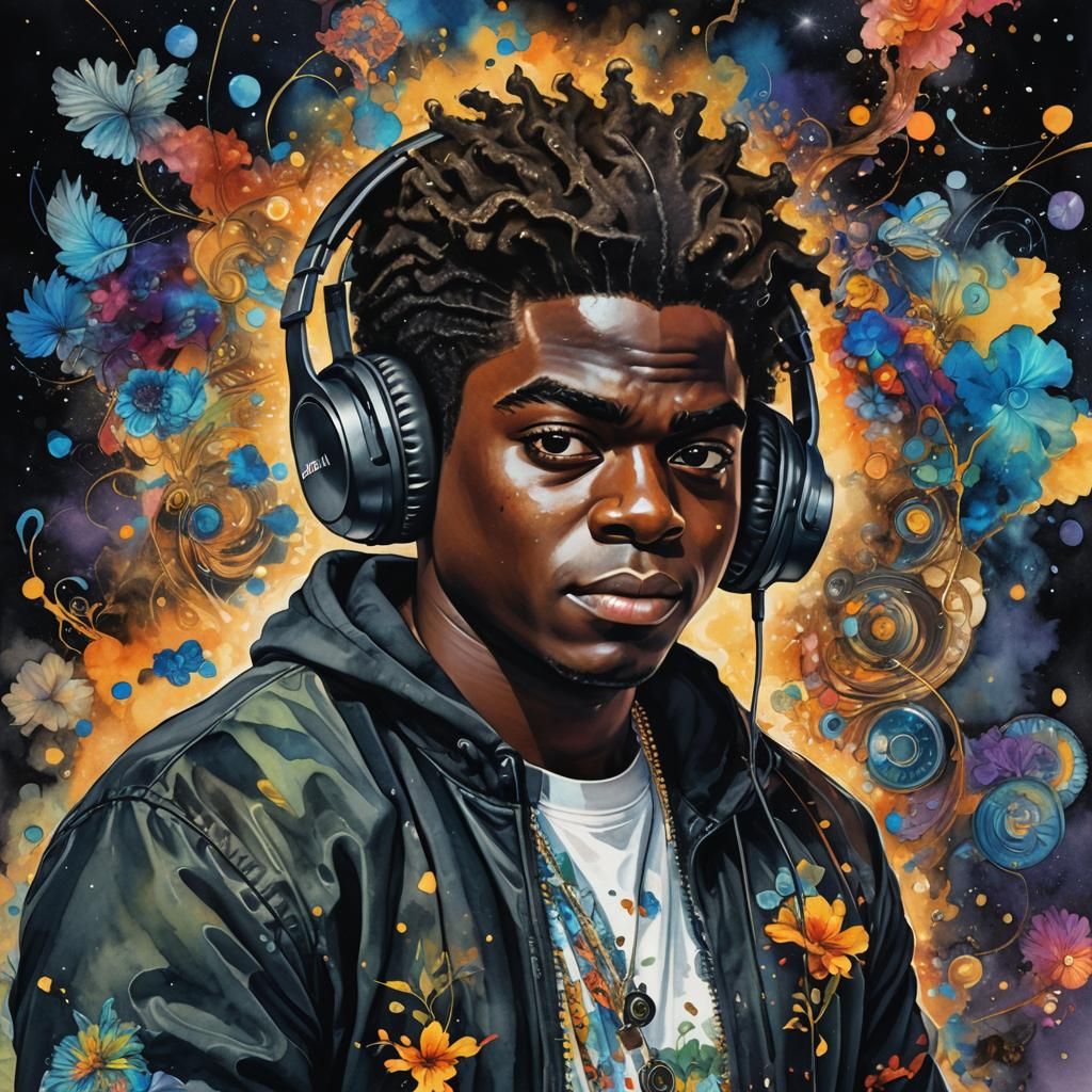 Fairytale Music: Black Man with Headphones in Watercolor