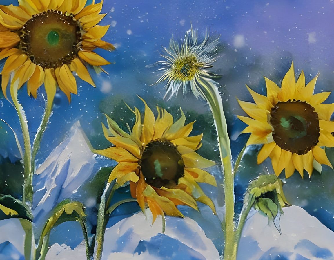 Sunflowers in Snow: Watercolor by Keiko Tanabe
