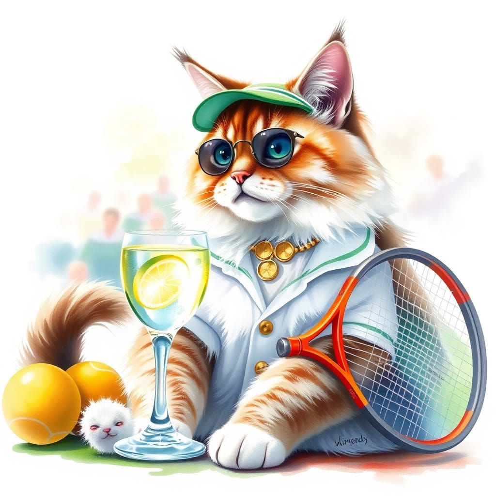 Persian Cat Lounging Courtside as Watercolor Art