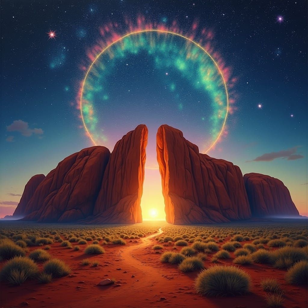Sacred Uluru Doorway with Cosmic Aurora Halo