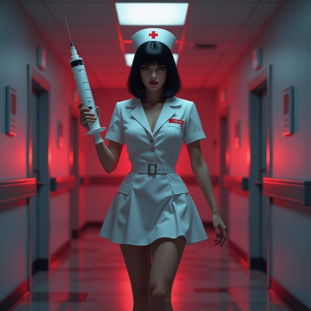 Undead Nurse Emerges in Red-Lit Hospital, Dark Fantasycore