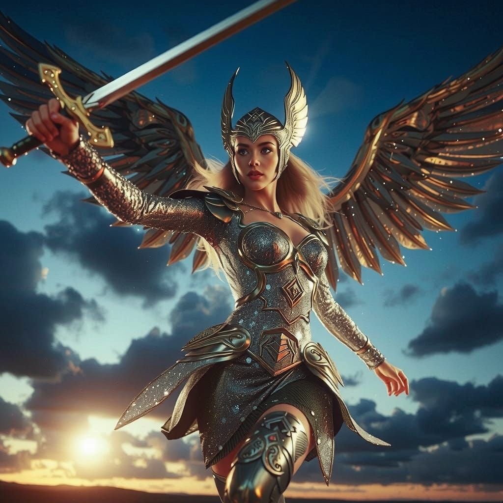 Valkyrie Warrior Soars Through Fiery Dusk in Intricately Det...