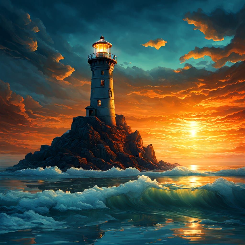 Surreal Lighthouse Floats Above Liquid Glass Ocean