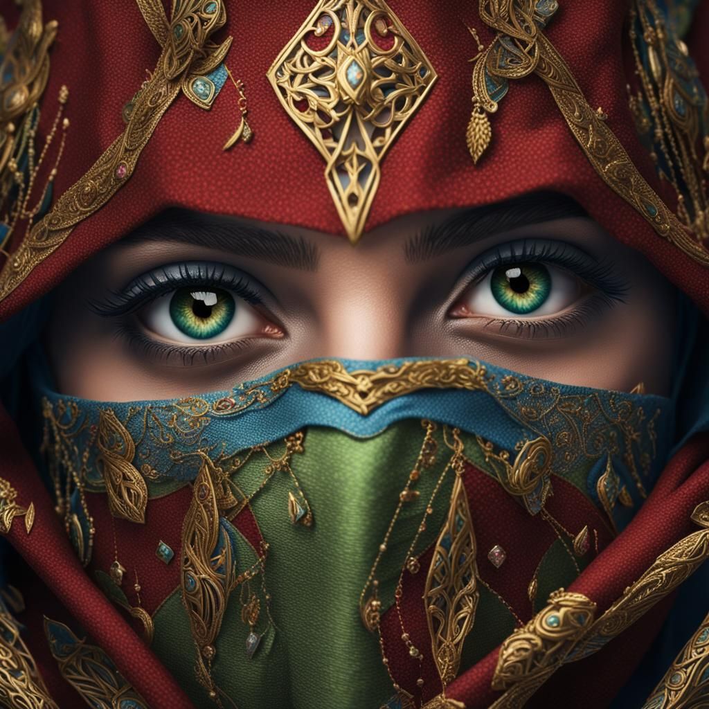 Intricate Mask Hides Woman's Face in Detailed Painting