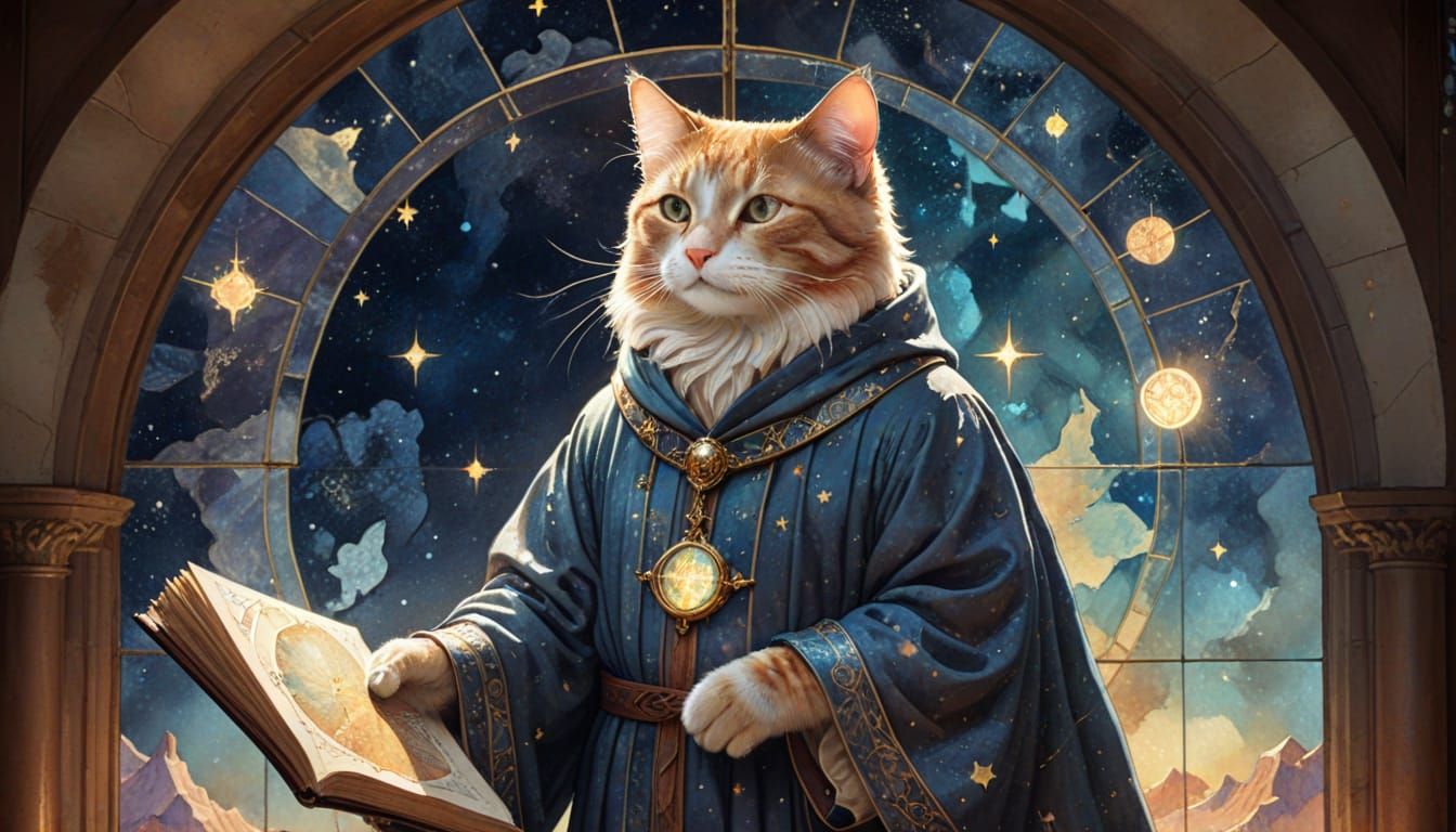 Scholarly Cat Studies Celestial Map in Ancient Observatory