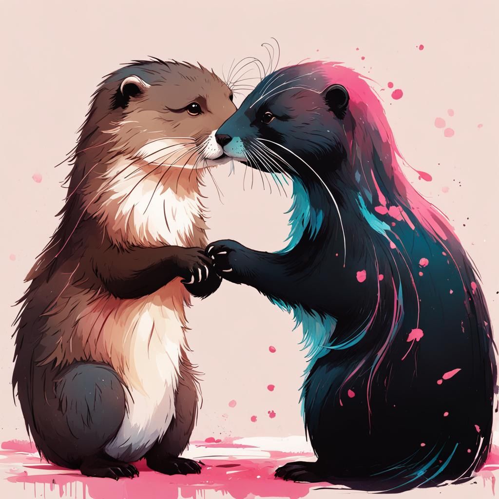 Otters Telephoning in Watercolor Splash Art
