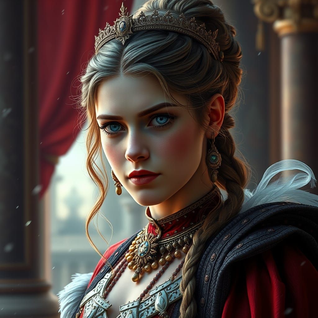 Regal Young Woman in Opulent Historical Fantasy Setting