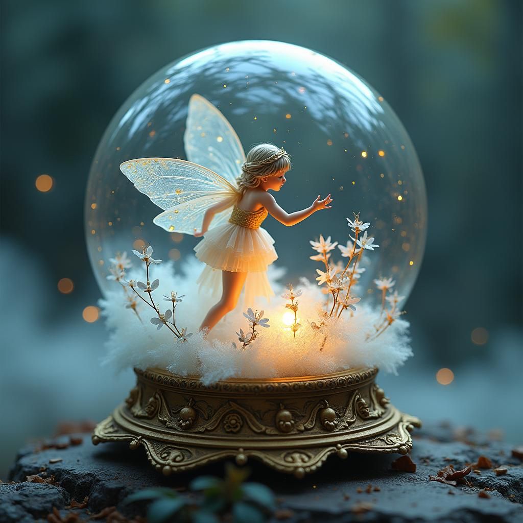 Crystal Fairy in Glowing Globe with Golden Filigree