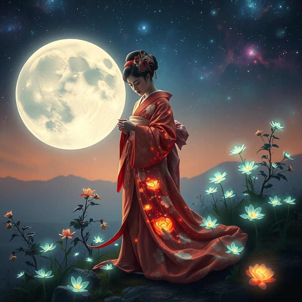 Celestial Geisha Tends Bioluminescent Garden on Moon