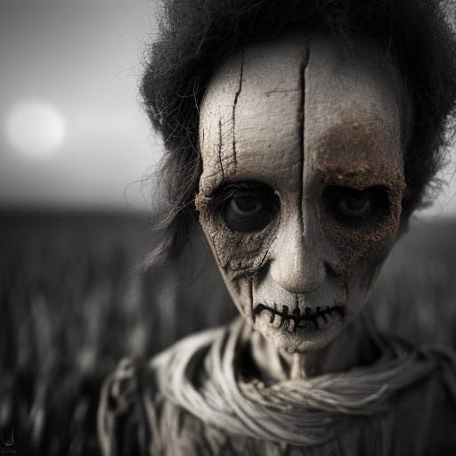 Scarecrow in Field: Dark Tones, Hyperdetailed Painting