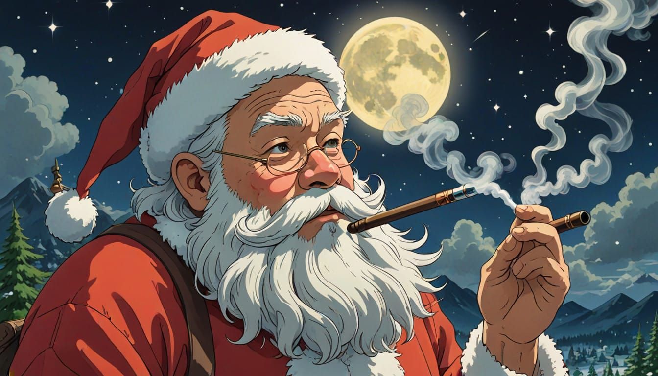 Santa Smokes a Pipe in Whimsical Studio Ghibli Manner