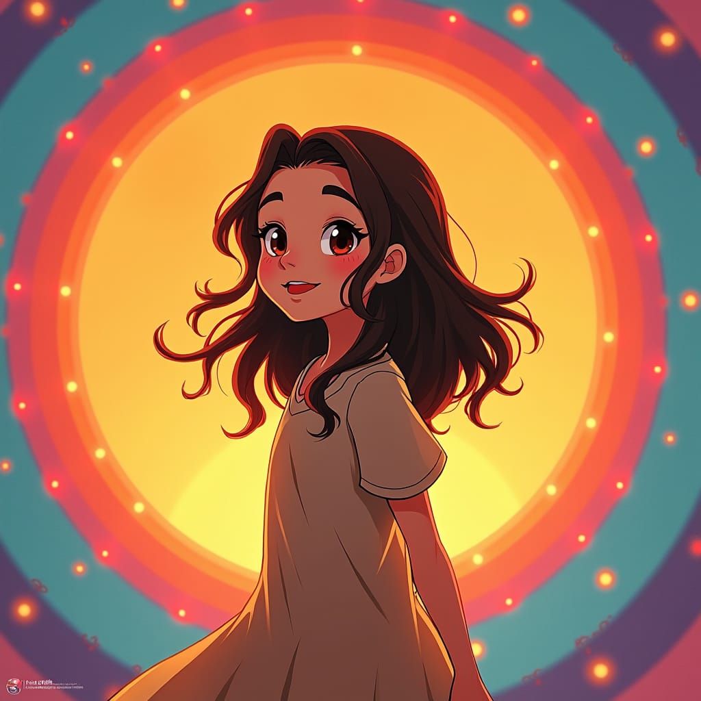 Girl Silhouetted by Rainbow Sunset, Whimsical Digital Art