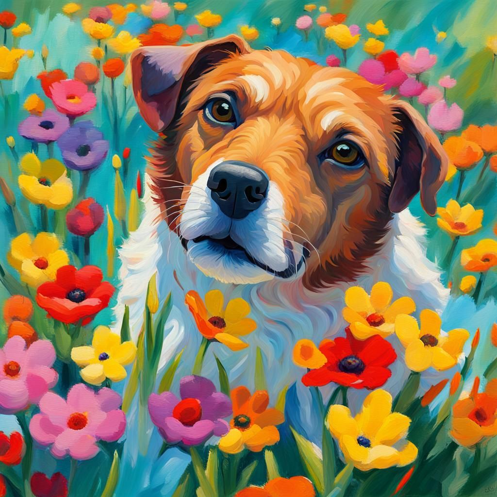 Dog in Sunny Garden as Oil Painting