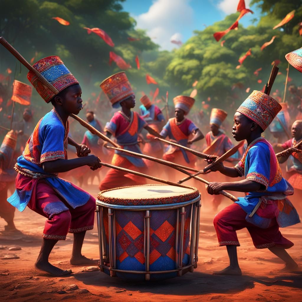 Burundian Drummers Beat Karyenda: Detailed Matte Painting