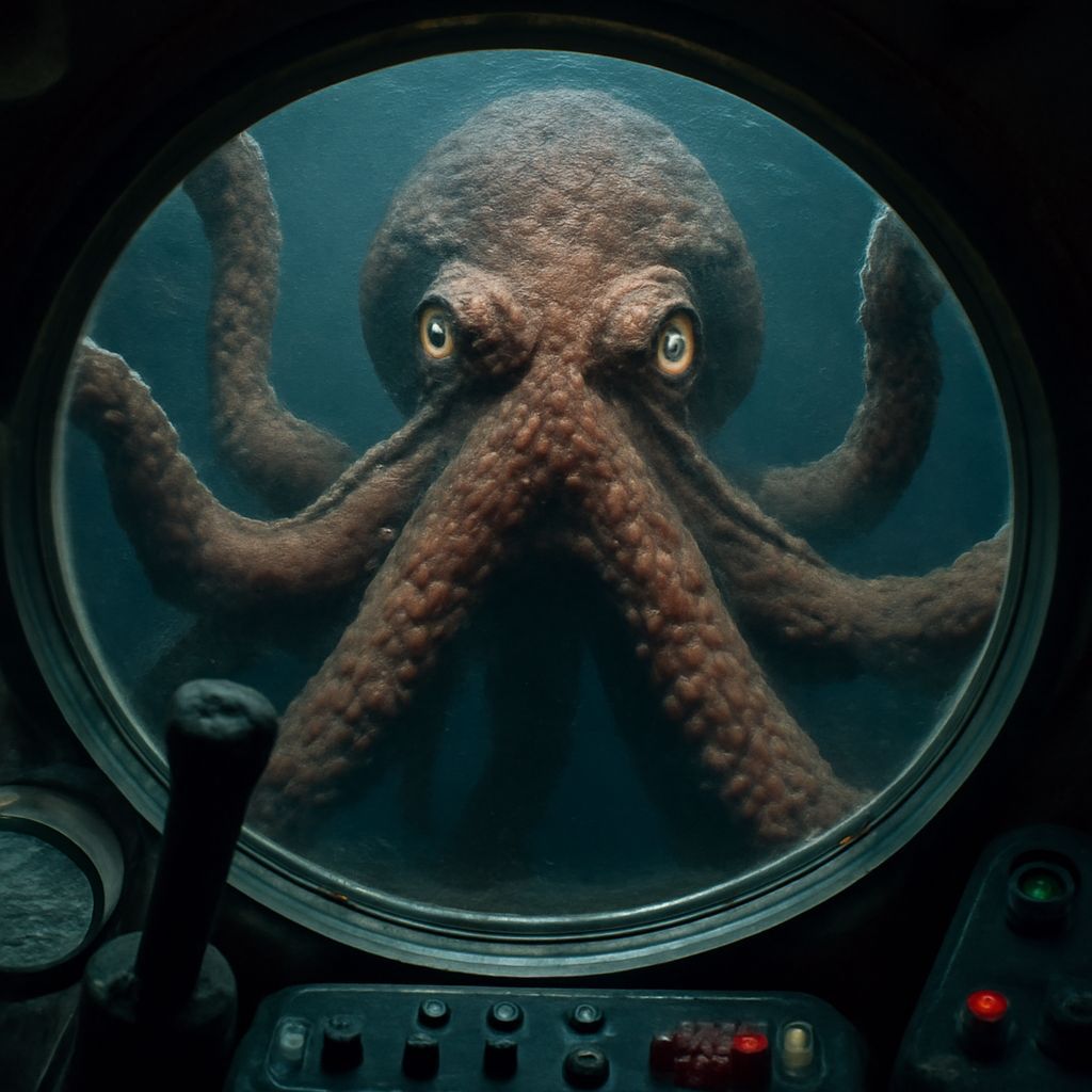 Submarine POV of Giant Angry Octopus in Deep Sea