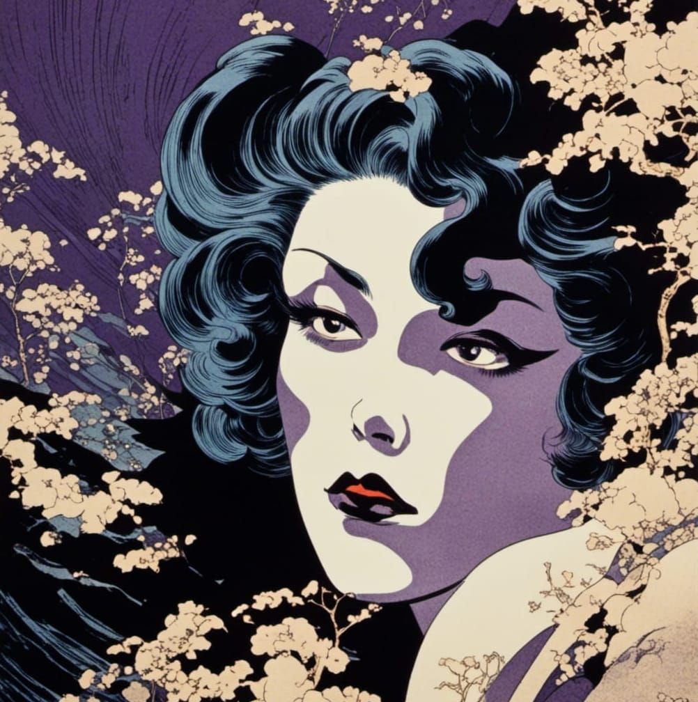 Feminine Face in Vaporwave Ukiyo-e Poster Art