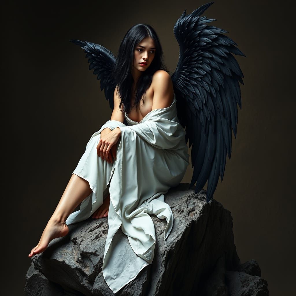 Fallen Angel with Dark Wings in Photorealistic Style