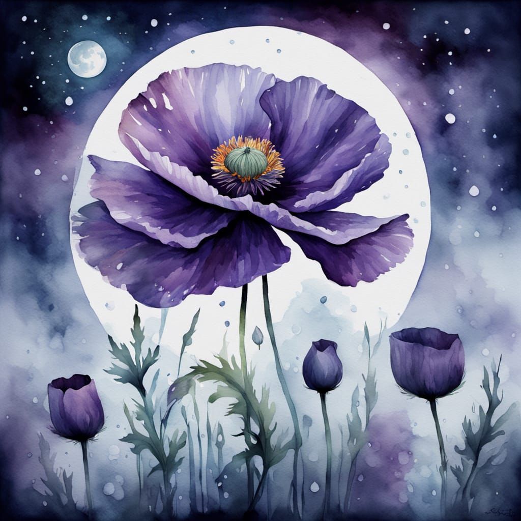 Dreamy Purple Poppy in Moonlight Watercolor Painting
