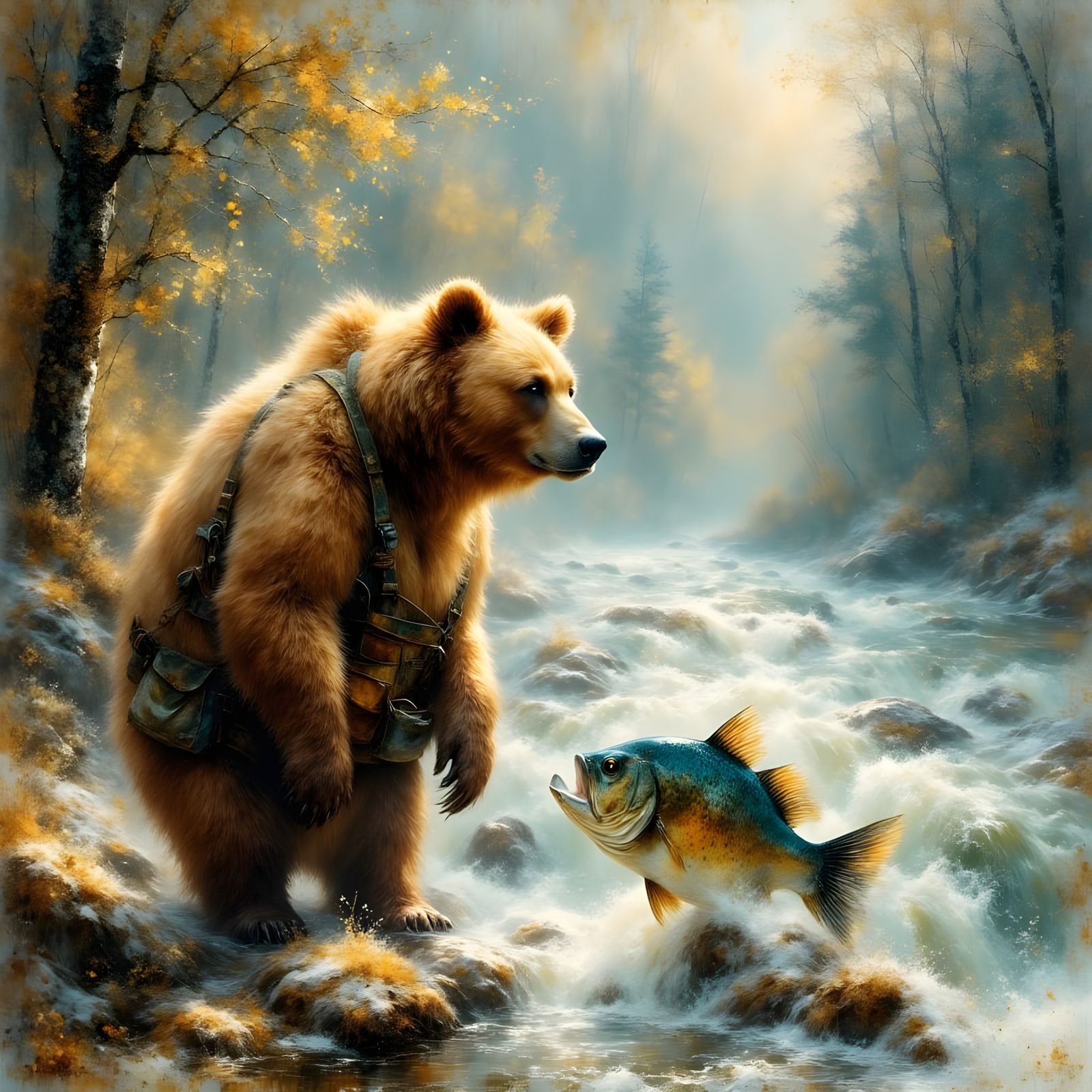 Grizzly Bear and Sea Bass Chatting at River Edge