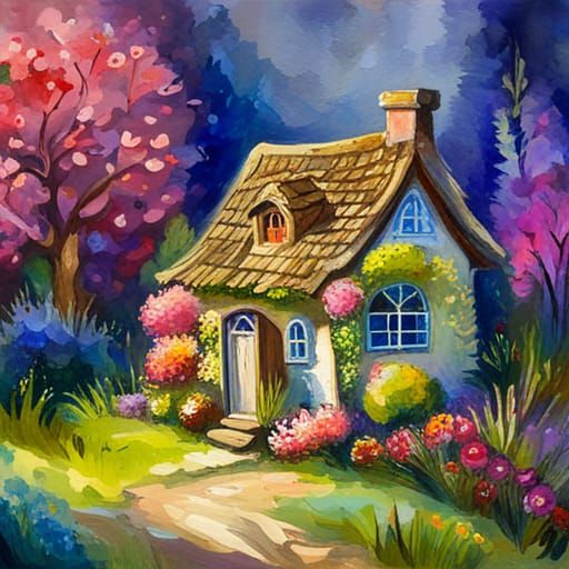 Floral Fairy House in Gouache Impressionist Style