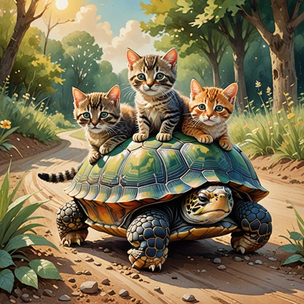 Kittens Riding Turtle in Watercolor Landscape